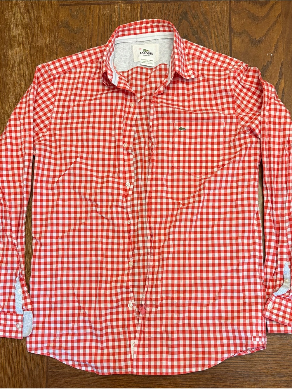 Lacoste Red and White Gingham Button-Down Shirt 100% Cotton Summer Sz 38 EUC